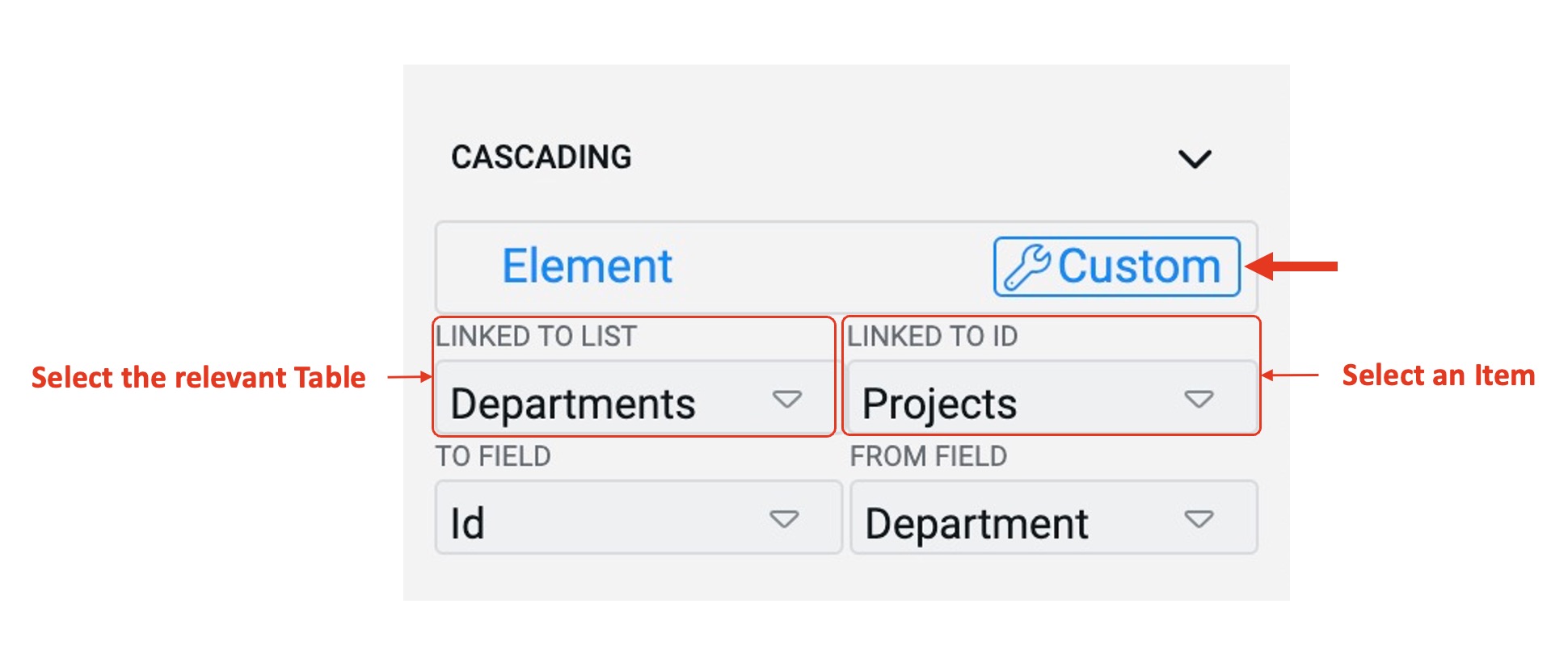 Image showing custom fields in cascading section