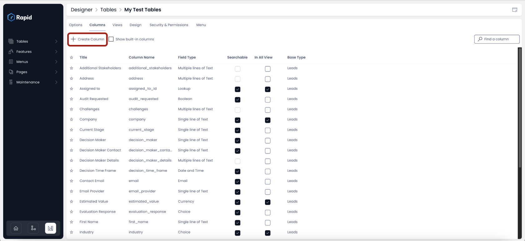 Create Column Button