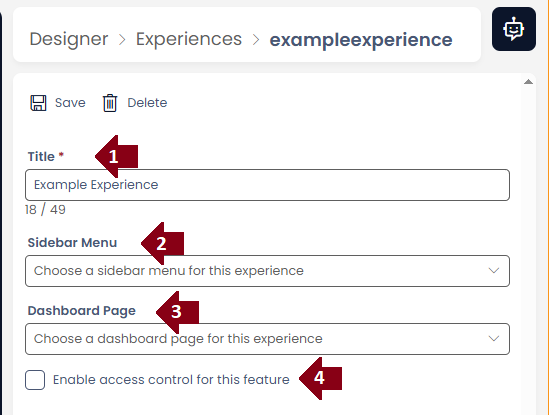 Experience configuration showing each of the four options