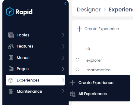 Designer side menu showing Experiences options