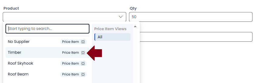 PO Line item showing Product dropdown ready to select Timber product