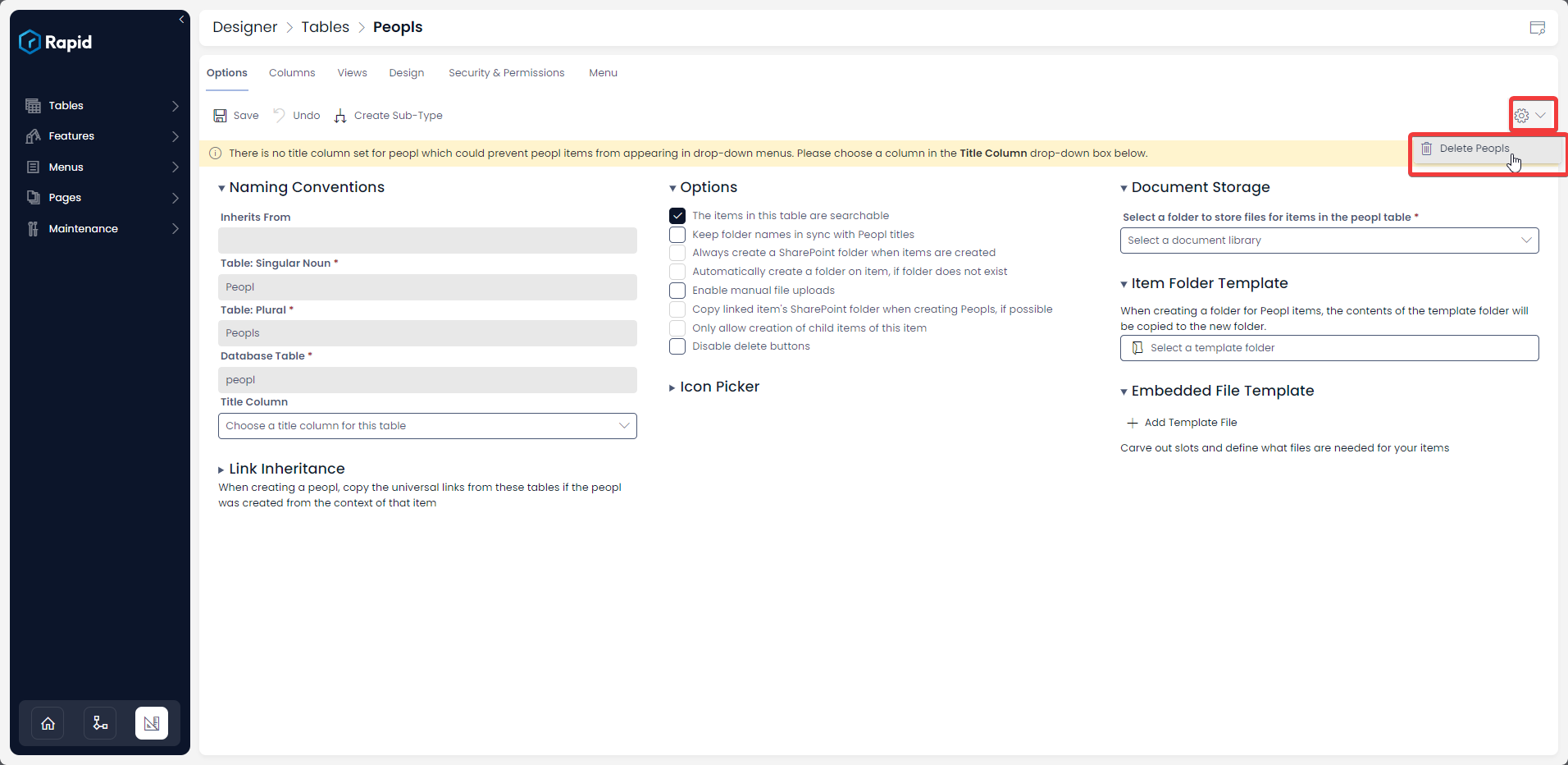 Select the options cog and press delete