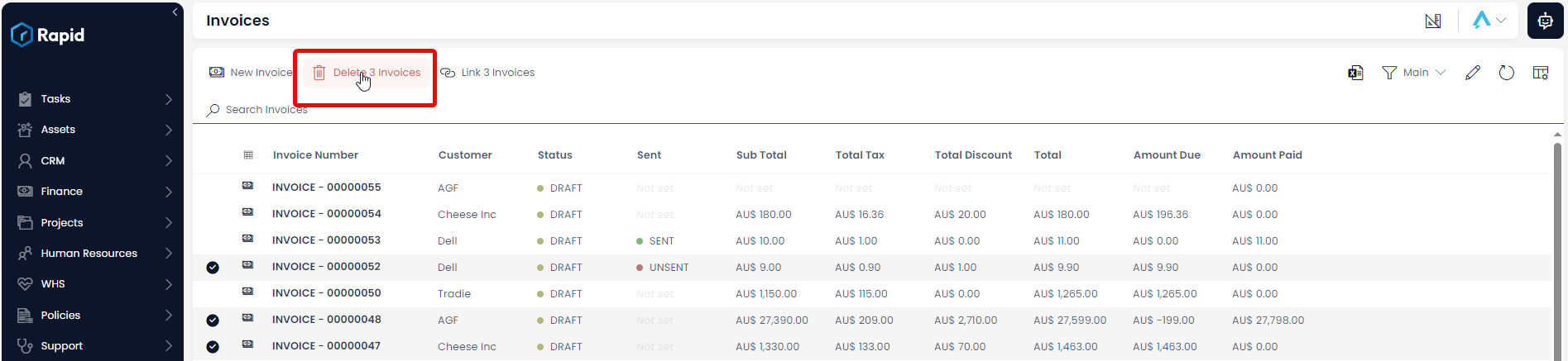 A screenshot that highlights the location of the &quot;Delete X Invoices&quot; button. The button has a red icon of a trash can and a red label that reads &quot;Delete 3 Invoices&quot;, because three Invoice items have been selected. The screenshot is annotated with a red box to highlight the location of the button.