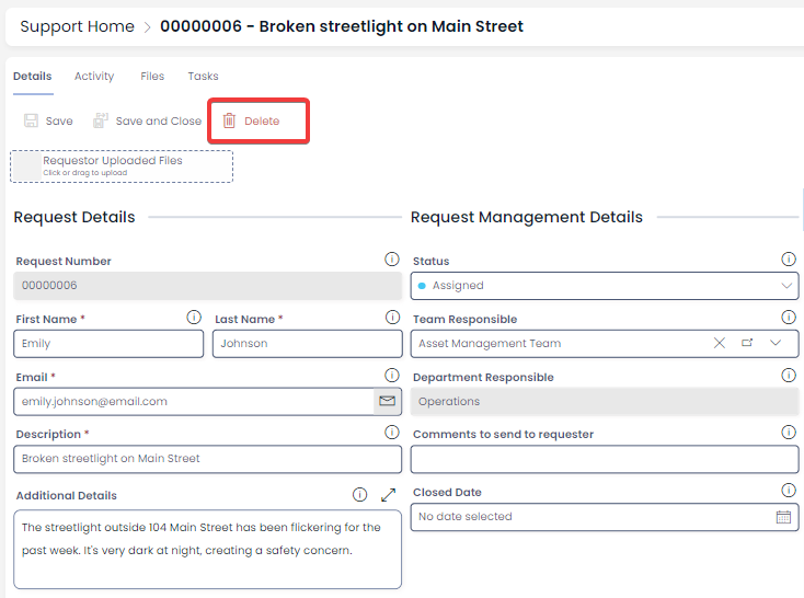 An image depicting how to delete a support item. When the support item is open, a red &quot;Delete&quot; button will be visible at the top of the support item&#39;s action bar. It is usually better to change the status of a Support Request to &quot;cancelled&quot;, instead of deleting the support request.