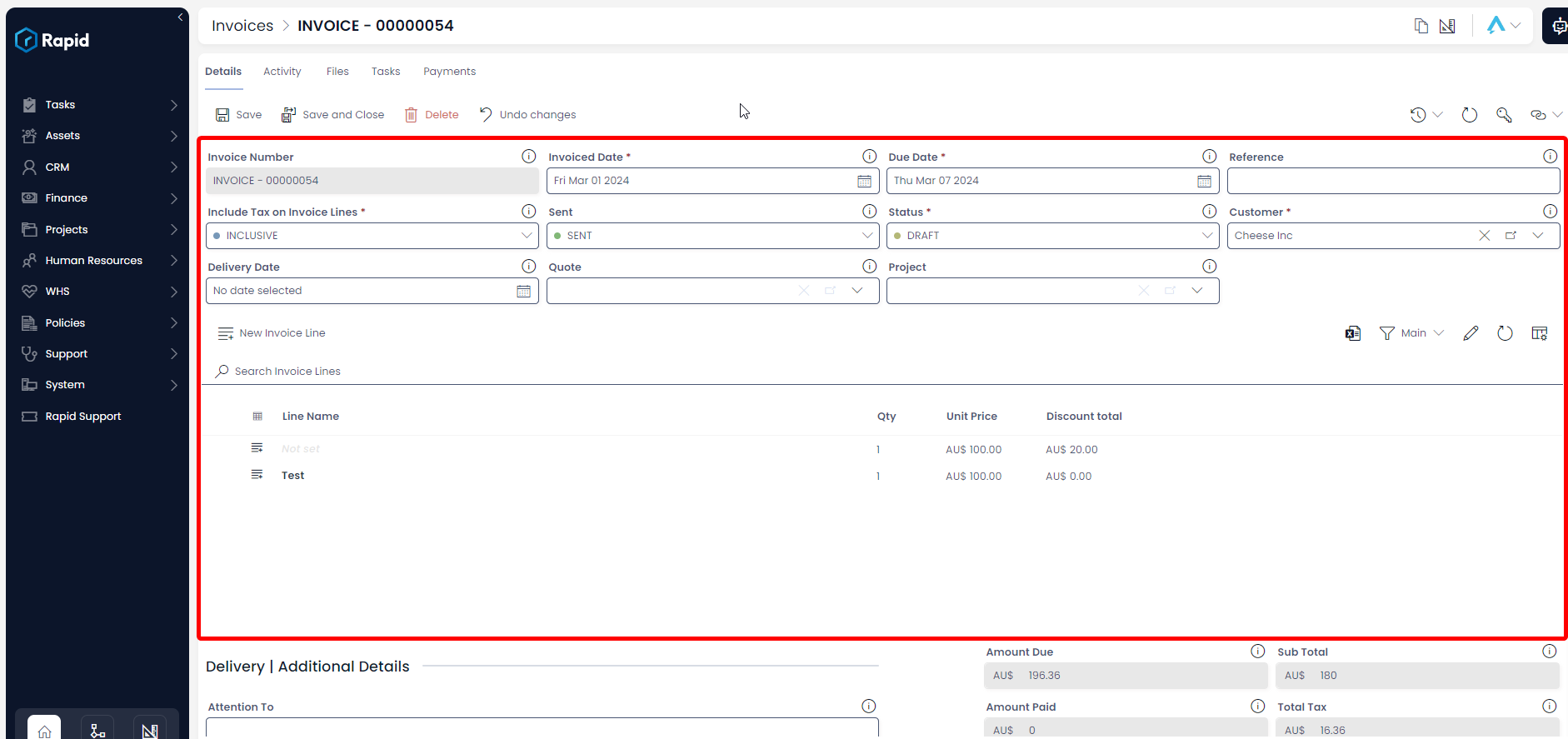 A screenshot of the invoice item page and its fields.