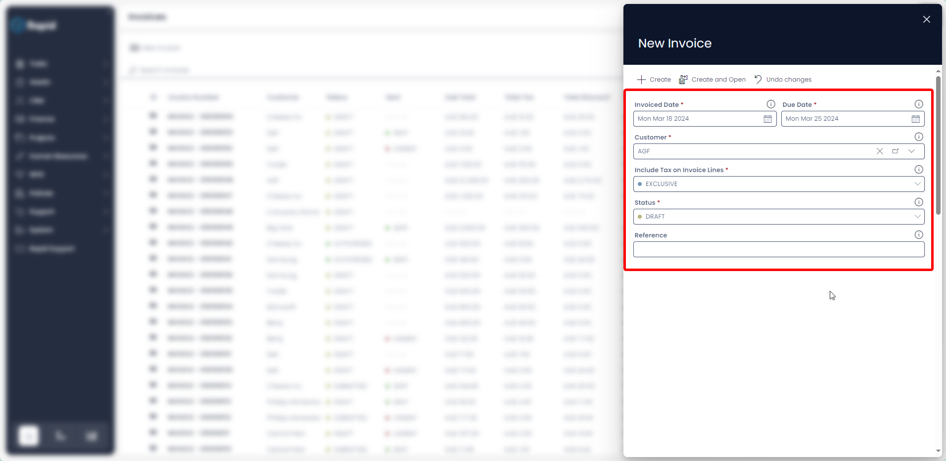 A screenshot demonstrating the appearance of the &quot;New Invoice&quot; create screen. The screenshot is annotated with a red box to highlight the fields that must be edited.