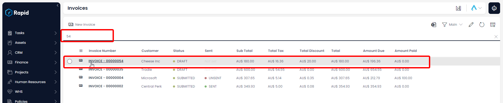 A screenshot of the &quot;Invoices&quot; list page. The screenshot is annotated with a red box that highlights the search bar, as well as another red box that highlights an individual Invoice item.