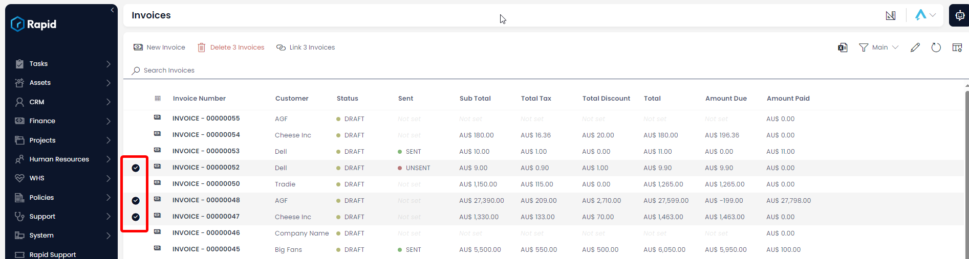 A screenshot that demonstrates a user selecting multiple items on the Invoices item list page. The user has selected three items and pressed the selection circles on the far left of the item row. The selection circles appear black white a white checkmark inside them. The screenshot is annotated with a red box to highlight the item circles which are selected.