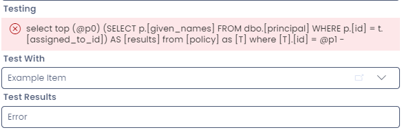 A screenshot of the &quot;Testing&quot; interface in a computed field or subquery field. The red banner at the top of the section states the user&#39;s code, but there is not additional error message after the code, as would be expected.